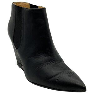 Chanel Black Leather Point Toe Booties with Chain Detail